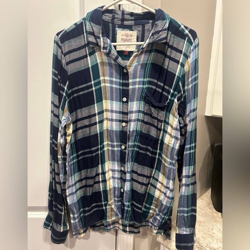 SO Plaid Button Up Shirt Blue Green XL Juniors